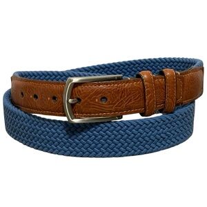 Torino Blue Woven Stretch Belt Brown Leather Trim Made in USA 69511 Size 40